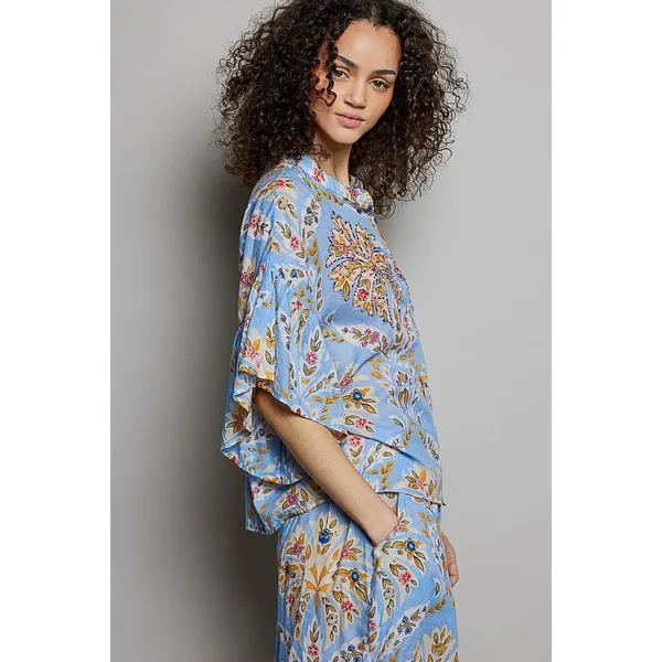 POL Floral Printed Woven Ruffle Sleeve Shirt - Large - Image 3