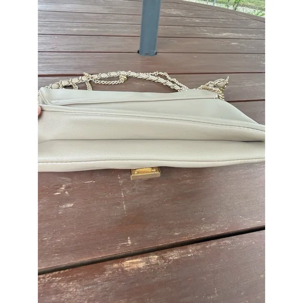 Beige Crossbody Shoulder Bag Gold Chain Strap Flap Clasp Faux Leather - Image 11