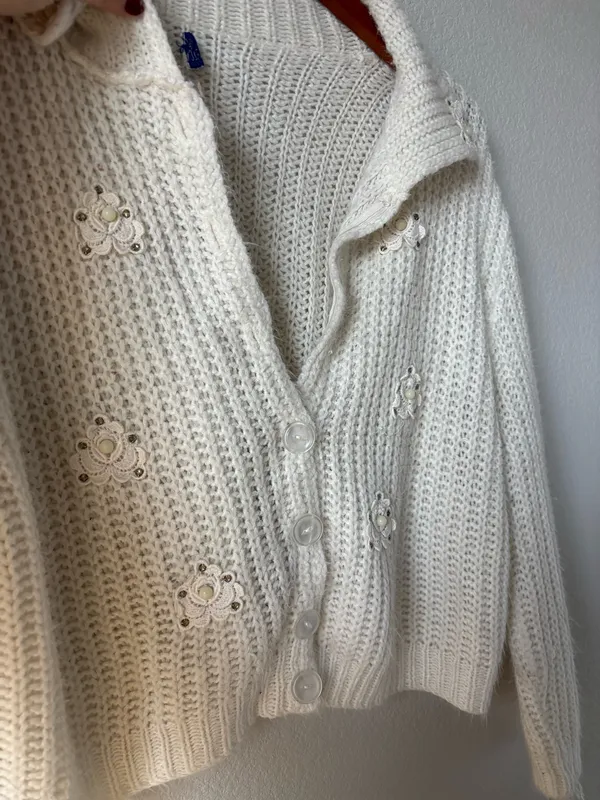 Vintage White Knitted Cardigan Sweater - Image 3