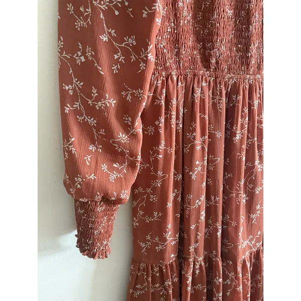 Bohme Rust Smocked‎ Midi Dress Floral Fall Tiered Size Small Boho Casual - Image 3