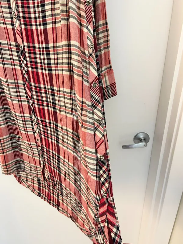 Free People Loralei Plaid Shirt Dress Tunic Red Pink Western Festive Size XS - Image 8