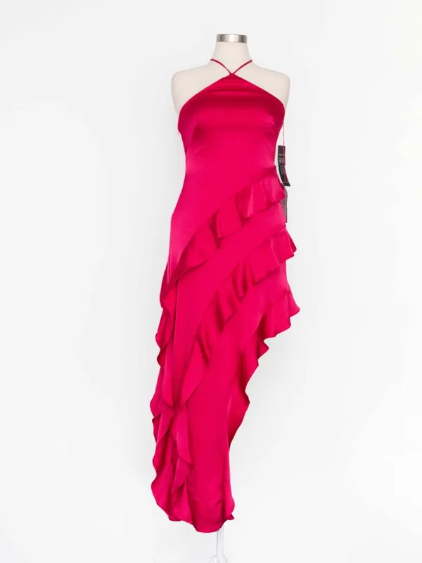 Adrianna Papell - Halter-Neck Ruffled Satin High-Low Gown - Image 2