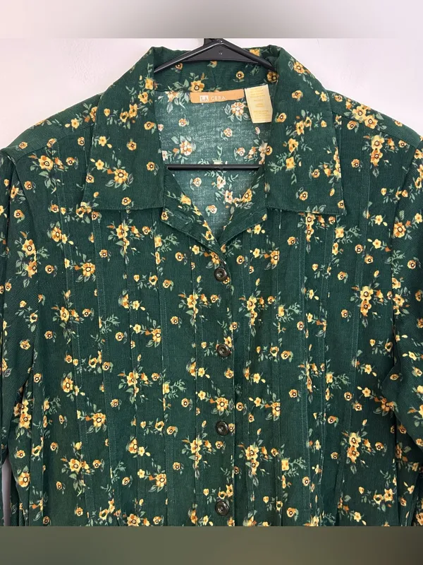 Vintage La Cera Green Floral Corduroy Button Down Cottagecore Midi Dress Large - Image 4