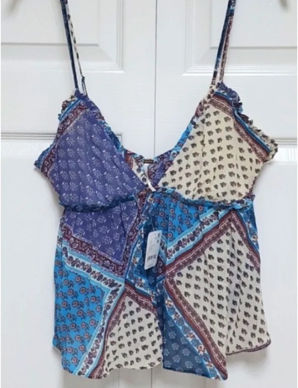 Free People Blue Teal Patchwork Spaghetti Strap Tank NWT - Image 2