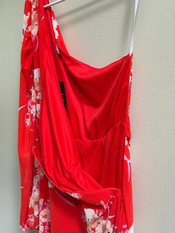 NEW Lulus Brunch Besties Red Floral One Shoulder Midi‎ Graduation Wedding Dress - Image 11