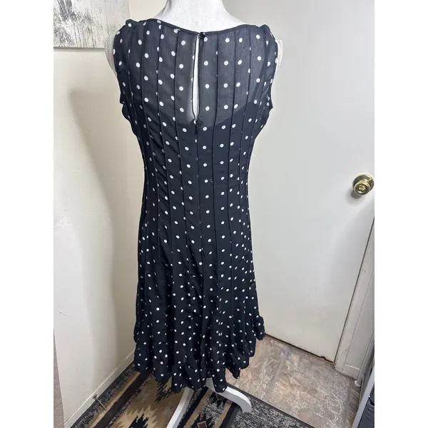 Vintage Retro Black Polka Dot Midi Dress Sleeveless Pleated Flounce Hem Classic - Image 5