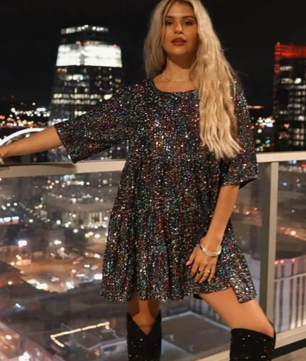 Amazing Lace Oil Slick Sequin Tiered Babydoll Concert and Party Mini Dress XL - Image 11