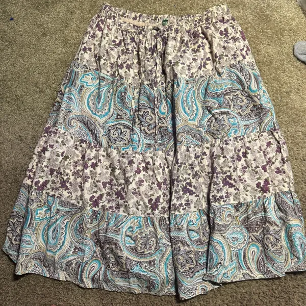 Kaaku Womens Cotton Tiered Midi Skirt Purple Teal‎ Floral Paisley Boho Peasant - Image 2