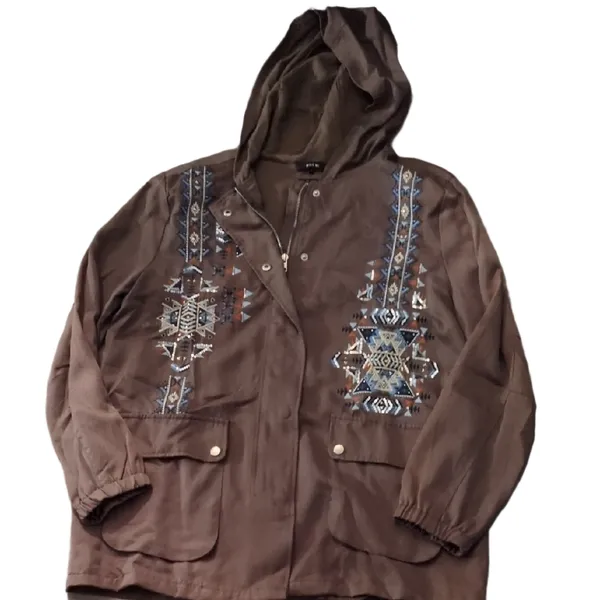 Miss Me Brown Lightweight Tribal Embroidery Stitchig Jacket Size Large - Image 2