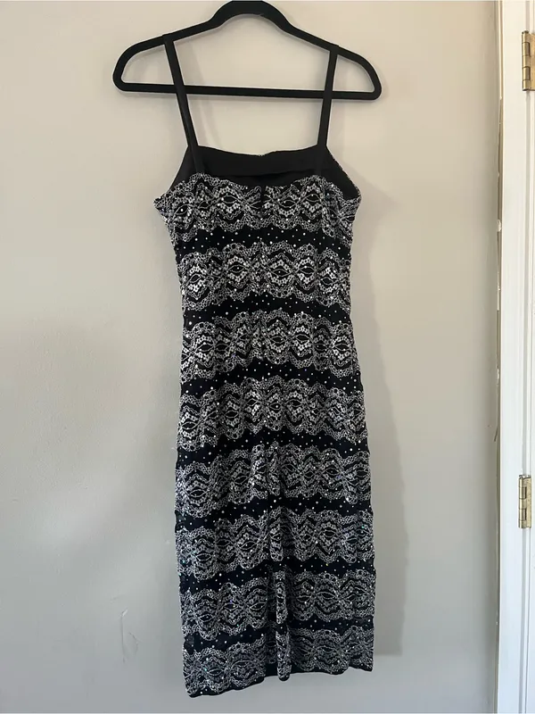 Vintage 90s R&M Richards Black Silver Lace Sequin Midi Cocktail Dress 10 Sparkly - Image 5