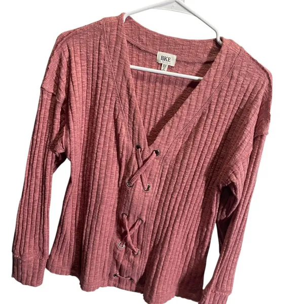 BKE Lace-Up Ribbed‎ Knit Long Sleeve Top Womens XS Rose Pink - Image 2