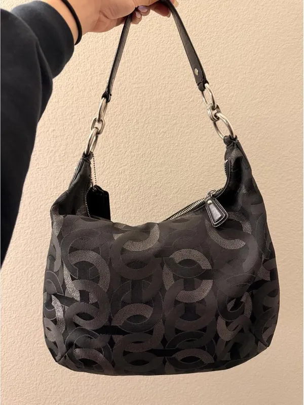 Vintage Shimmery Black Coach Kristin Op Art Chainlink Hobo Bag 2011 - Image 2