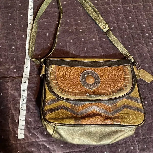 Vintage Renias Sharif Patchwork Leather Crossbody Purse Gold Bronze Tones 80s - Image 3