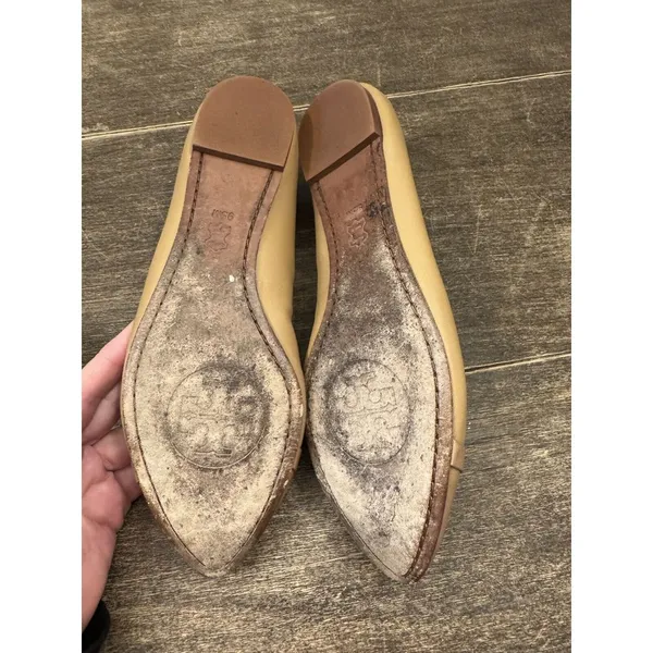 TORY BURCH BEIGE LEATHER HUGO‎ BOW POINT TOE GOLD REVA BALLET FLATS Size 8.5 - Image 6