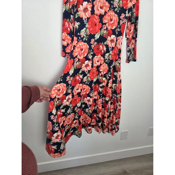 Sign Here Bright Red Floral Swing Midi Dress Jersey Modest Teacher Comfy Small - Image 3