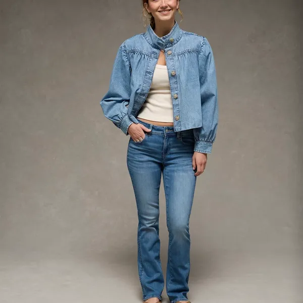 American Eagle Cropped Denim Jacket Women’s Medium Blue Puff Sleeve Button Front NWT - Image 6
