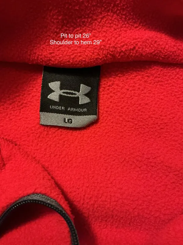 Under Armour Men's Fleece Pullover in bright red features a contrast grey mock neck zip and binding trim. - Image 2