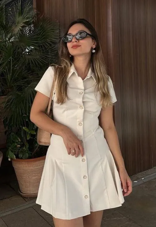 Zara mini dress pleated skirt collar button up ivory casual classic old money - Image 3