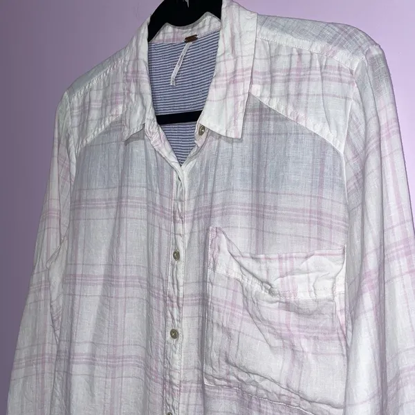 Free People No Limits Linen Button Up Women M White Lavender Plaid Beachy Boho - Image 2