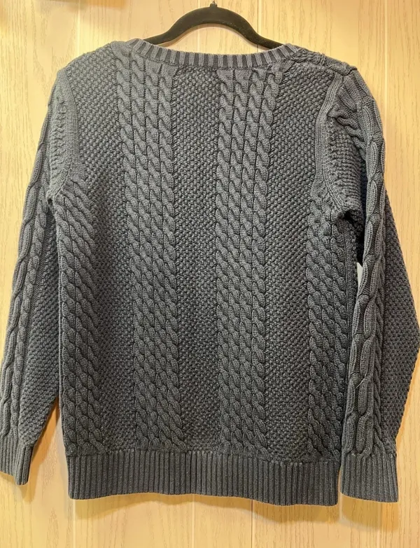 LL Bean Womens L Navy Blue Cable Knit Sweater Button Accent - Image 2