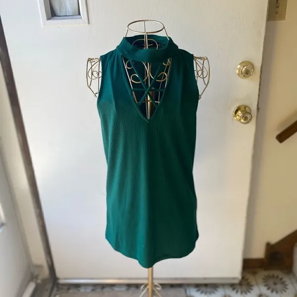 Doe & Rae Emerald Green Ribbed Choker Cutout Sleeveless Top Size Small Teal Y2K - Image 8