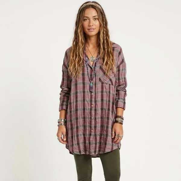 CUTLOOSE Women's XL Plaid Long Sleeve Shirtdress Maroon Burgundy Y2K Grunge - Image 16
