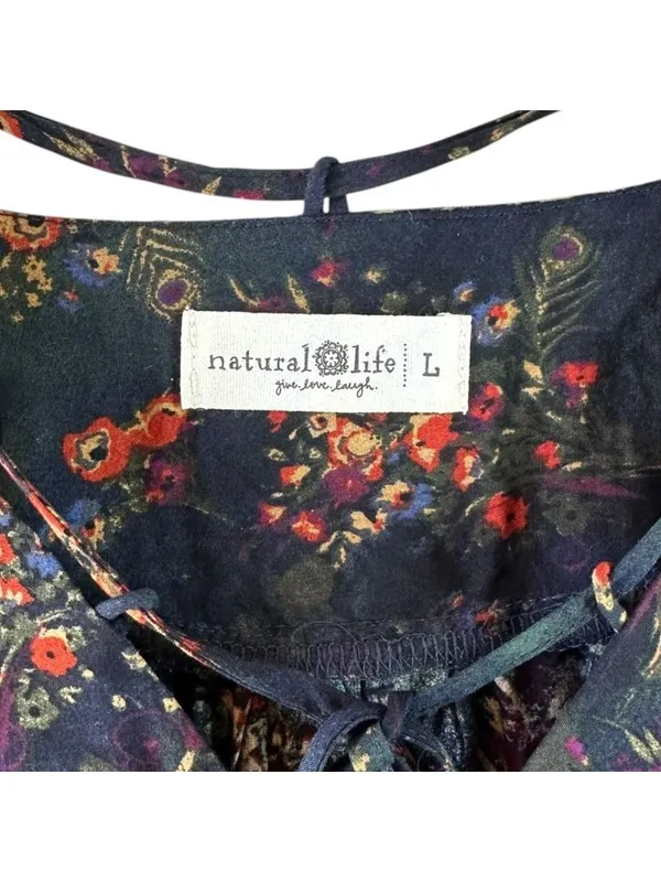 Natural Life Black Floral Boho Peasant Blouse Size Large Rayon Tie Neck Top - Image 4