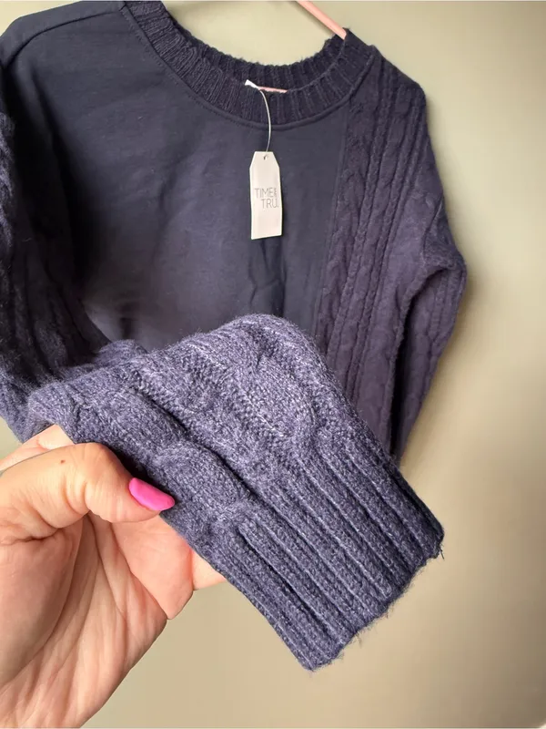 NWT Cable Knit Mixed Media Sweater Navy Blue Crewneck Cozy‎ Women’s Small - Image 3