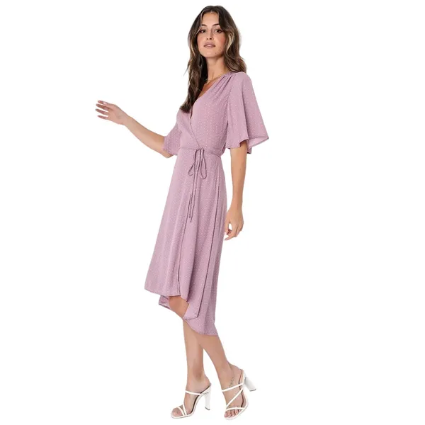 NEW Lulus Farah Pink Mauve V Neck Polka Dot Tie Flutter Sleeve Midi Wrap Dress M - Image 2