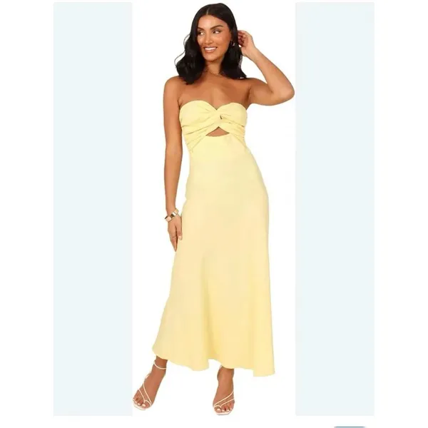 Petal and Pup Yellow Strapless Twist Front Cutout Linen Blend Midi Dress US 6 - Image 5