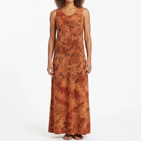 Vintage National Wildlife Federation Safari Animal Print Maxi Dress Rust Cotton - Image 6