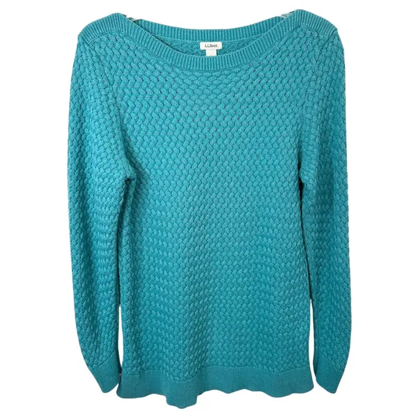 LL Bean Large Sweater Teal Textured Knit Crew Neck Long Sleeve Cotton‎ 1702 - Image 2