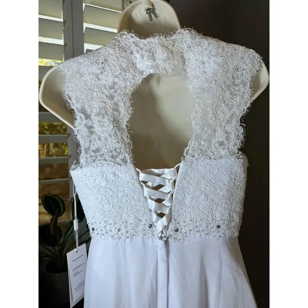 Abaowedding Sleeveless White Lace Wedding Gown BOHO Empire Waist Size 8 - Image 5
