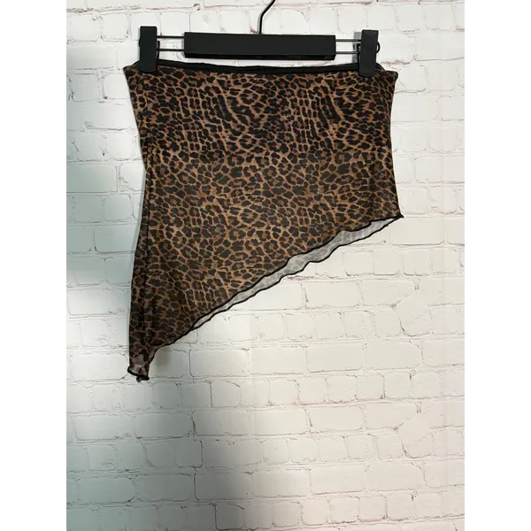 Edikted Leopard Print Asymmetric Mesh Tube Top‎ Brown Black Strapless Crop Small - Image 5