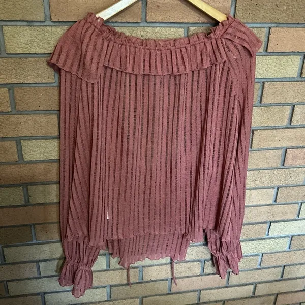 By Anthropologie Women’s Size XL Rose Pink Sheer Stripe Long Sleeve Cropped Top - Image 3