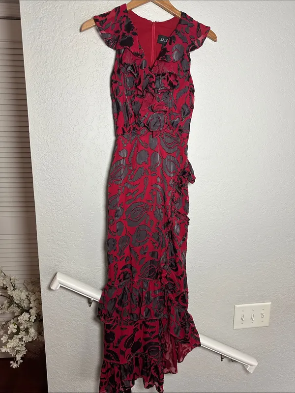 SALONI Anita Silk Burnout Velvet Dress Slit Ruffle Midi Vampire Goth Witchy Red - Image 2