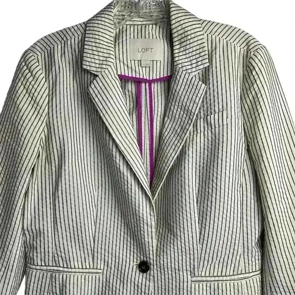 Ann‎ Taylor Loft Women's Blazer Jacket Ivory/White and Black Stripes Size 8 - Image 2