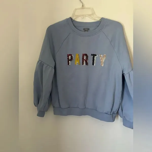 Aerie PARTY Sequin Graphic Crewneck Sweatshirt Light Blue Size M - Image 10