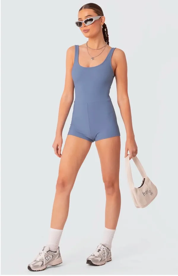 Edikted Drea Open Back Blue Sleeveless Ribbed Romper - Image 6