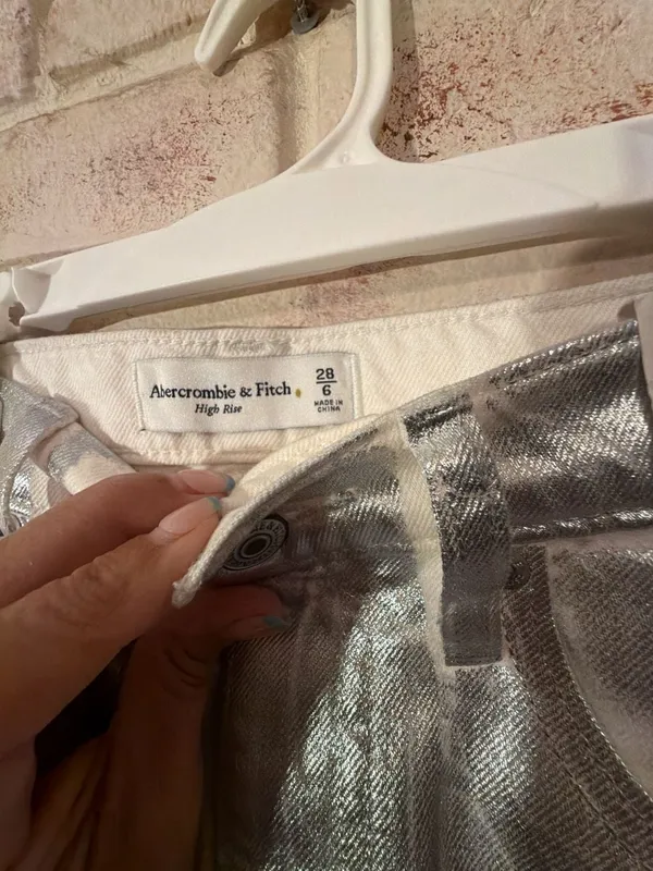 Abercrombie & Fitch High Rise Silver Metallic Coated Denim Midi Skirt - Image 2