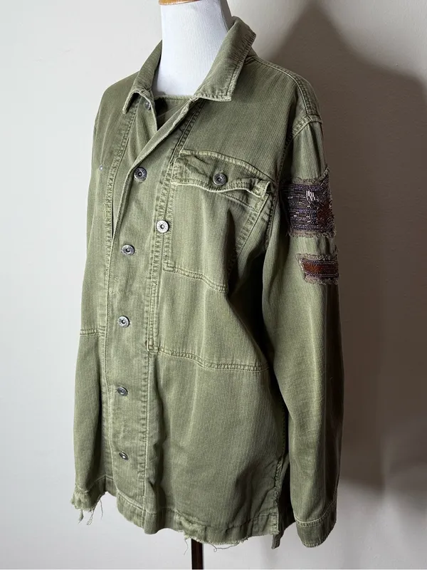 Free People Green Military Embroidered Beaded Shirt Jacket - Image 3