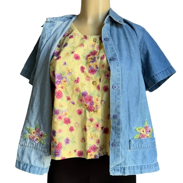 Vintage Lemon Grass Denim Shirt Jacket Embroidered Floral Women's PM NWT - Image 2