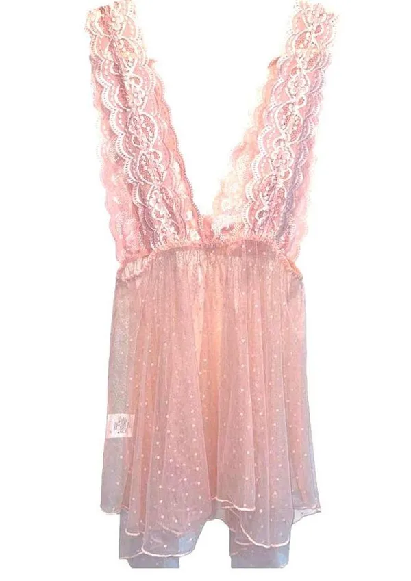 Pink Lace Swiss Dot on Mesh Lingerie Short Nightie size Large - Image 3