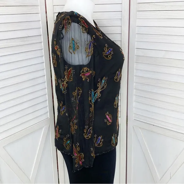 Stenay Vintage Sequin‎ Beaded Silk Blouse Black Multi XL - Image 3