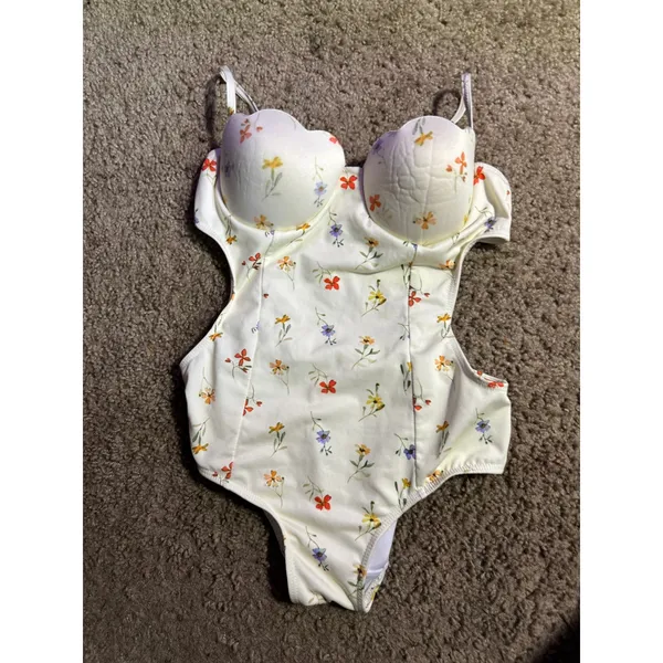 Floral Monokini One Piece Swimsuit Underwire Scalloped Cream Cut Out Swimwear‎ - Image 2