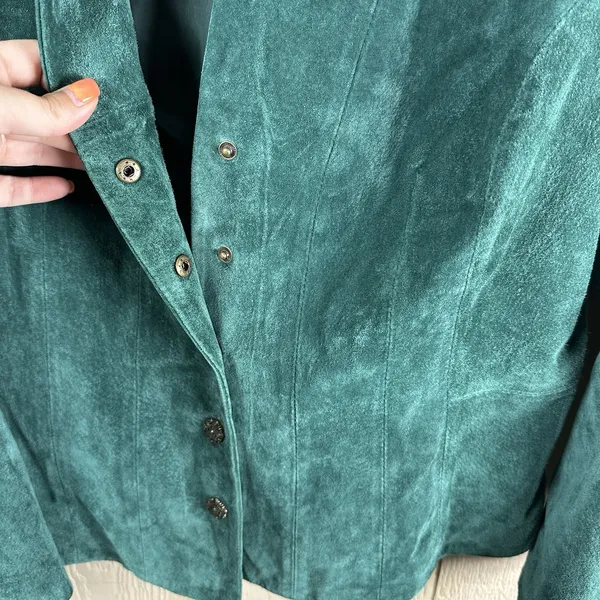 Coldwater Creek Emerald Green Suede Leather Jacket Petite Large Floral Buttons - Image 3