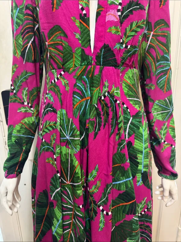 Farm Rio Boho Tropical Print Long Sleeve Maxi Dress in Fuchsia Size Small - Image 5
