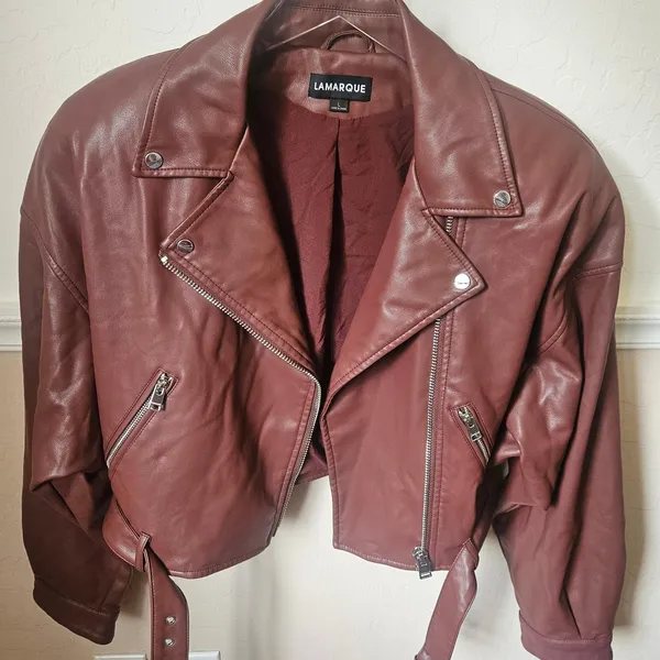 Lamarque Women's Mahogany Brown Dani Moto Jacket Large Cropped Belted Fall - Image 11