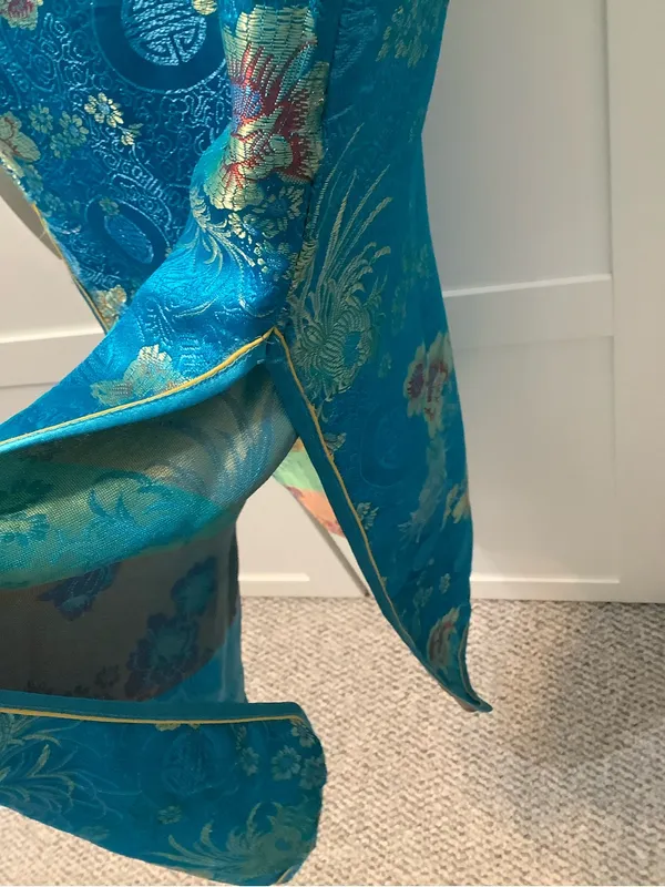 Yuexuan Qipao Dress Shanghai Style Blue Gold Floral Satin Mandarin Collar Y2K - Image 11