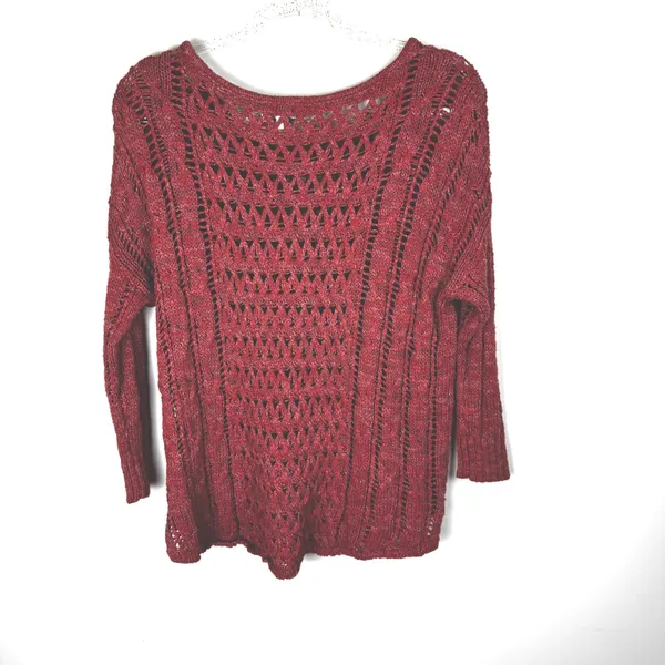 Red/Orange Crochet Knit Sweater Women's Open Weave Boat Neck 3/4 Sleeve‎ - Image 11